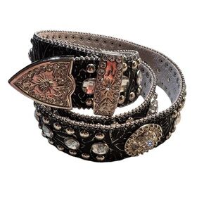 Blazin Roxx Glitz Leather Belt Rhinestone Studded Black/Silver Belt